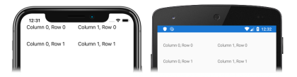 Снимок экрана: сетка с содержимым, размещенным в столбцах и строках, в iOS и Android