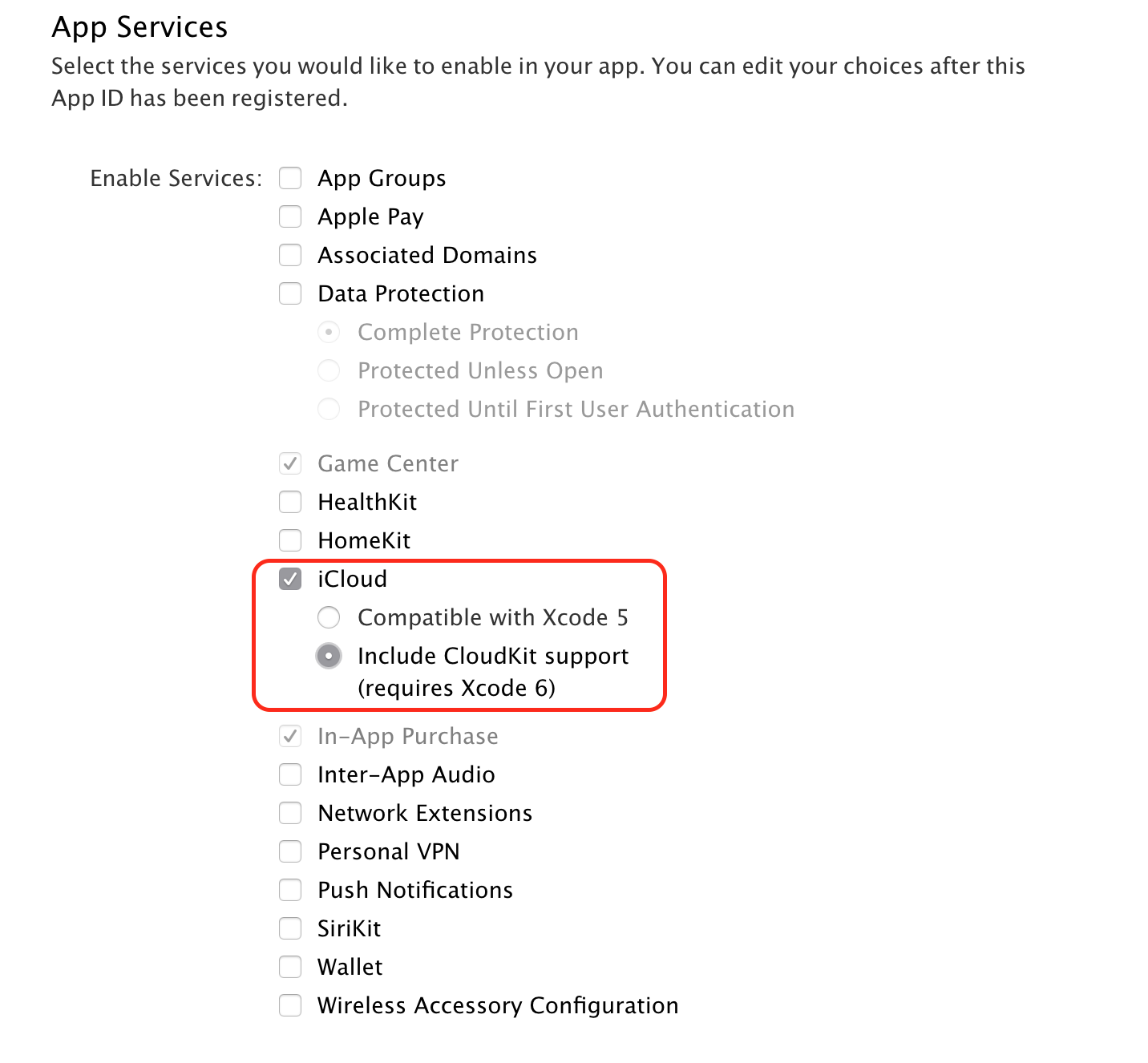 Select iCloud app services