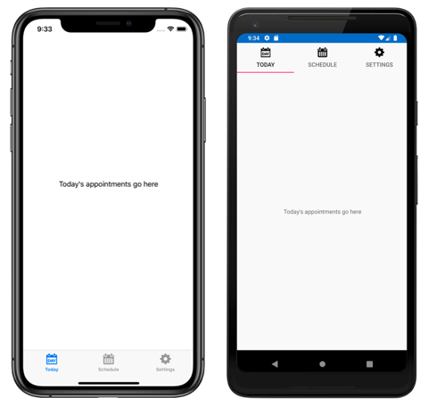 Снимок экрана TabbedPage с тремя вкладками в iOS и Android