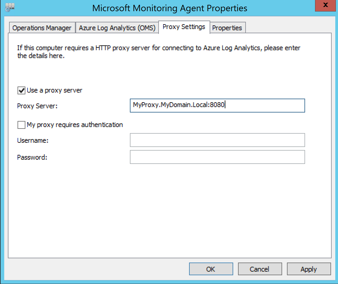 The Microsoft Monitoring Agent Properties window which shows the Use a proxy server option is checked.