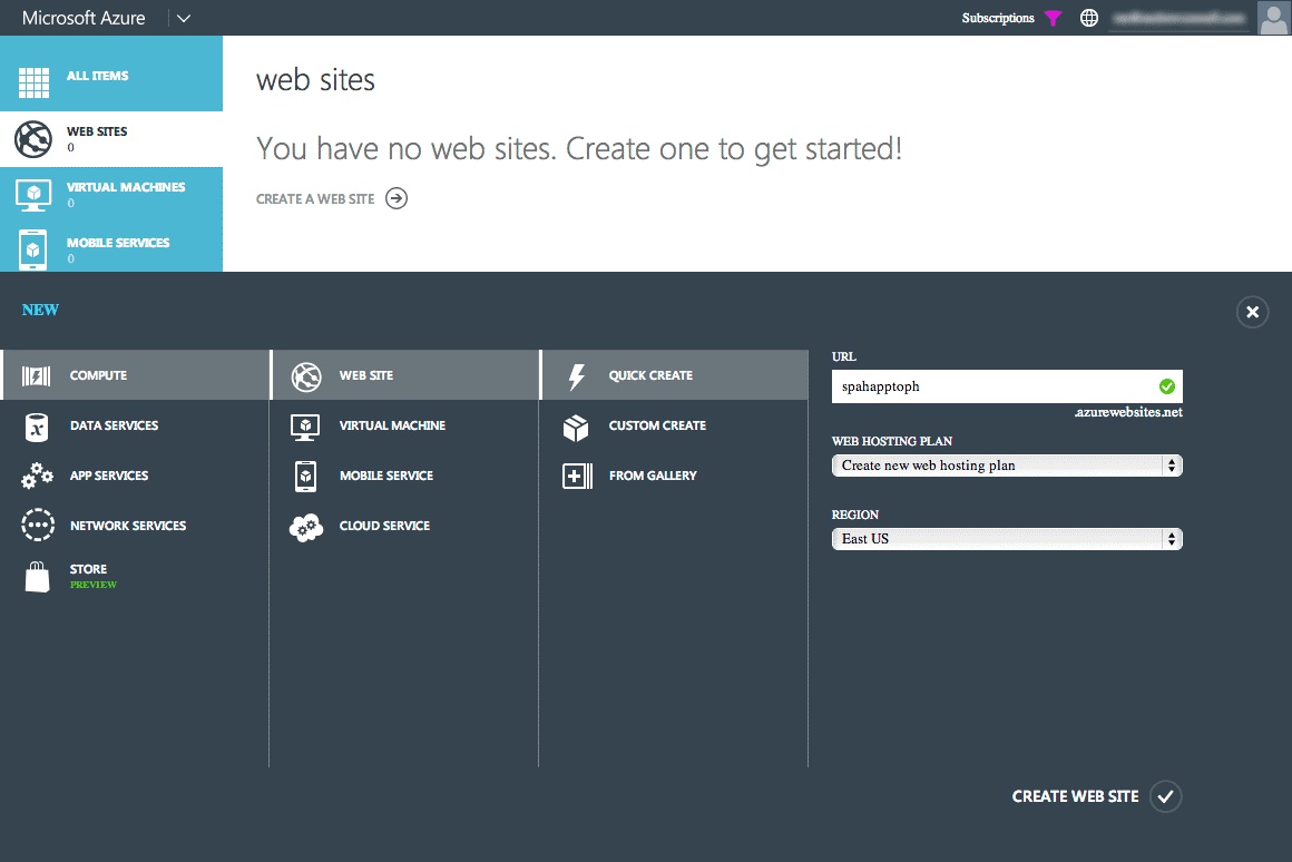 Create Azure website dialog
