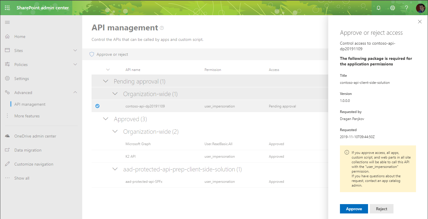 The 'Approve' button highlighted in the side panel for managing an API request in the new SharePoint admin center