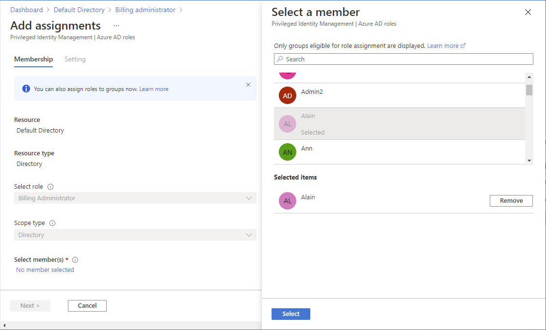 Add assignments page and Select a member pane with PIM enabled.