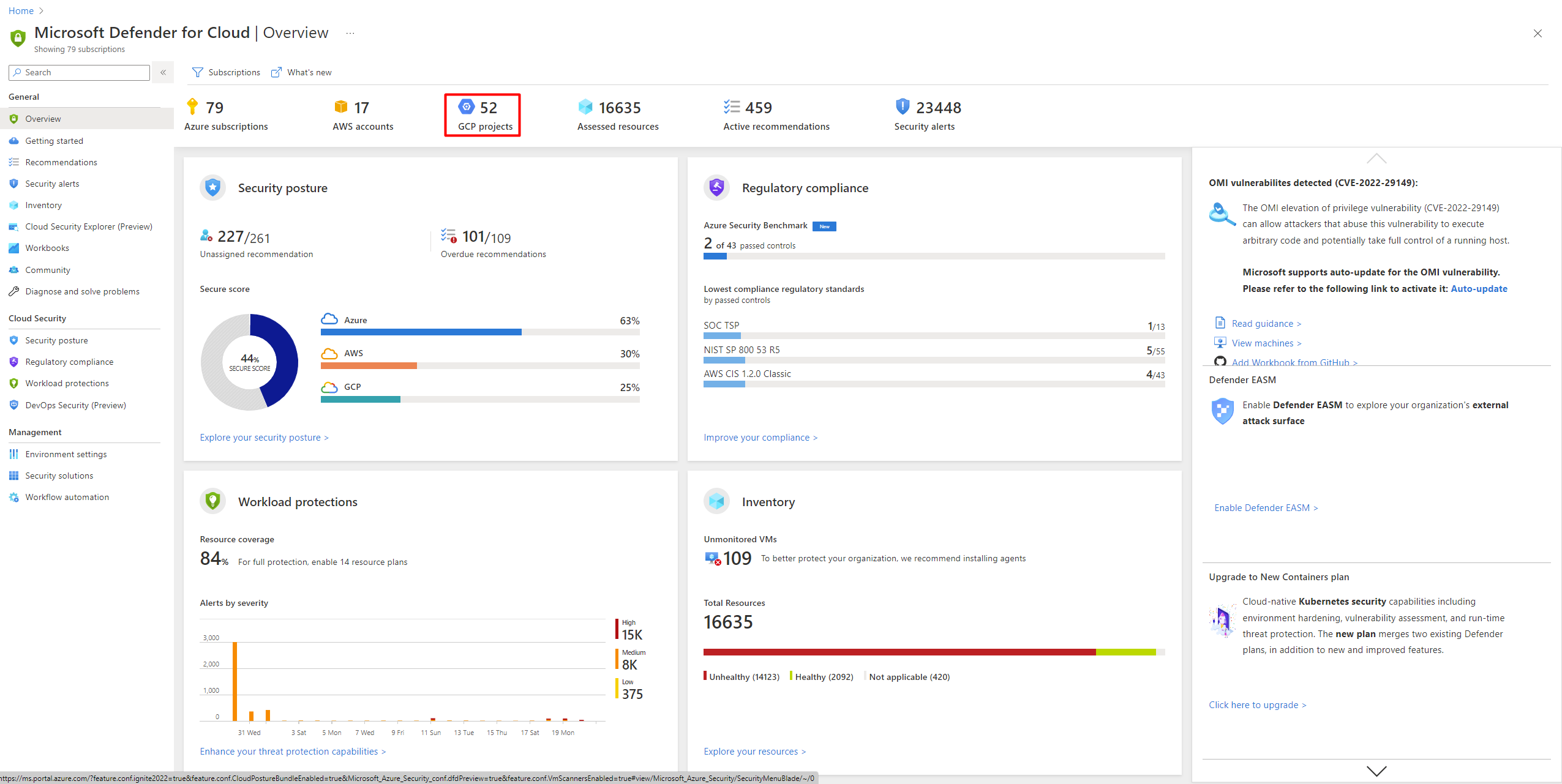 Screenshot of GCP projects shown in Microsoft Defender for Cloud's overview dashboard.