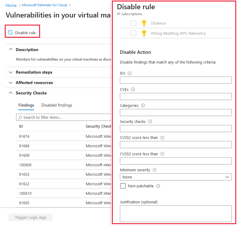 Create a disable rule for VA findings on VM.