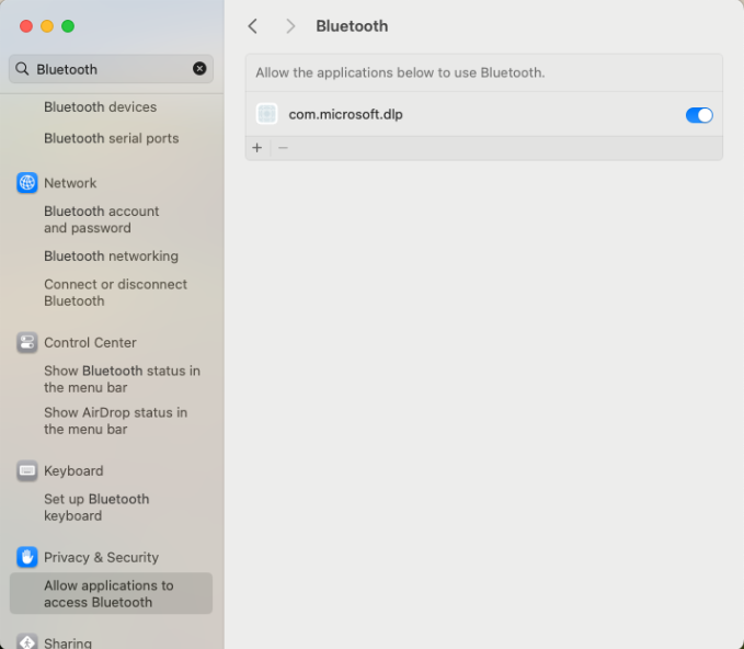Screenshot that shows Review Bluetooth access
