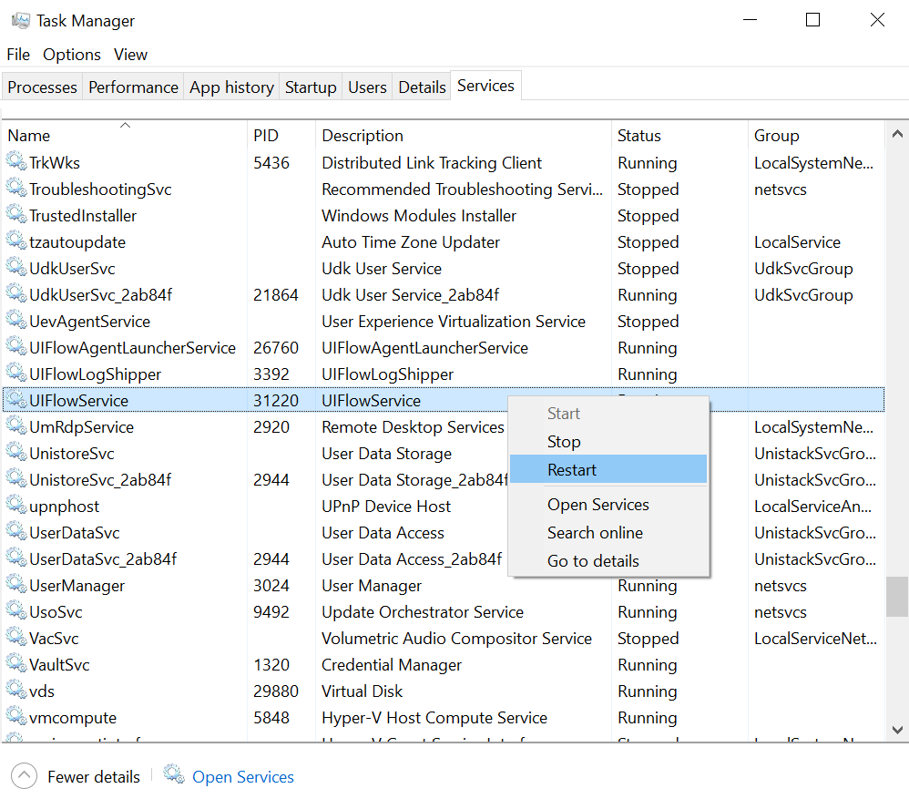 Screenshot to restart the U I flow service in task manager.