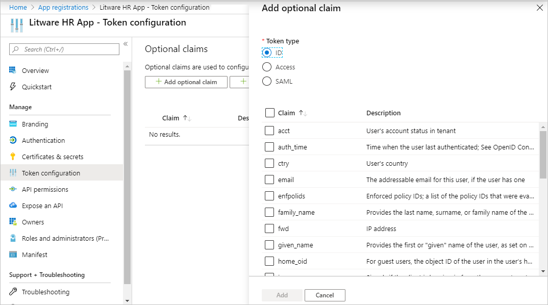 Configure optional claims in the UI