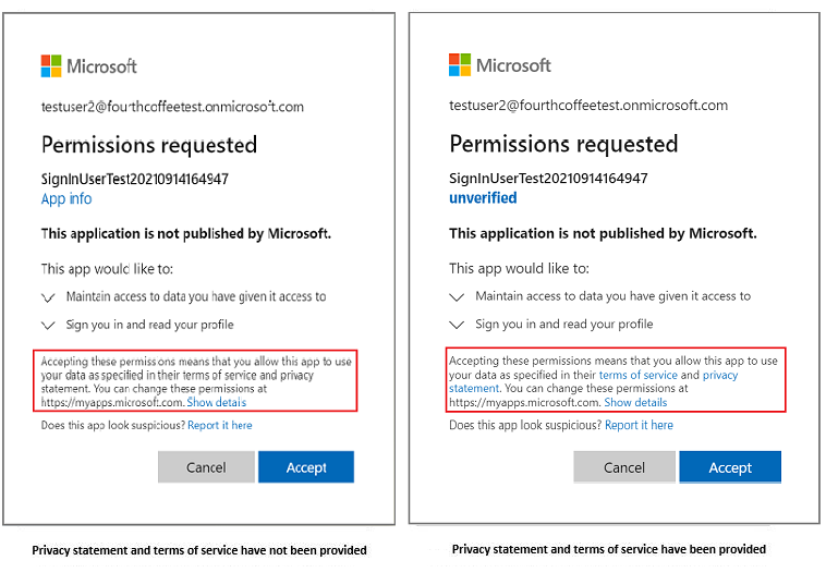 Screenshots with and without a privacy statement and terms of service provided