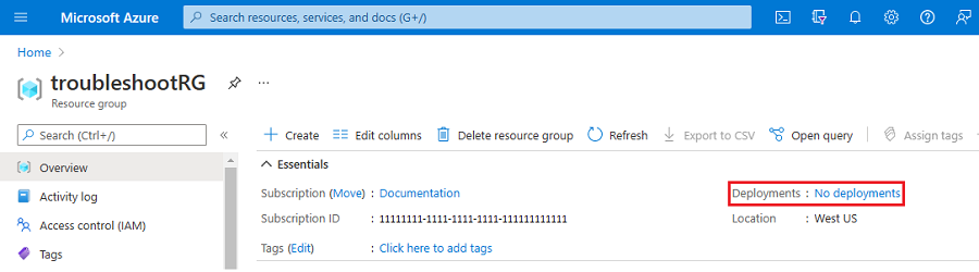 Screenshot of Azure resource group overview page displaying an empty deployment history section due to a preflight error.