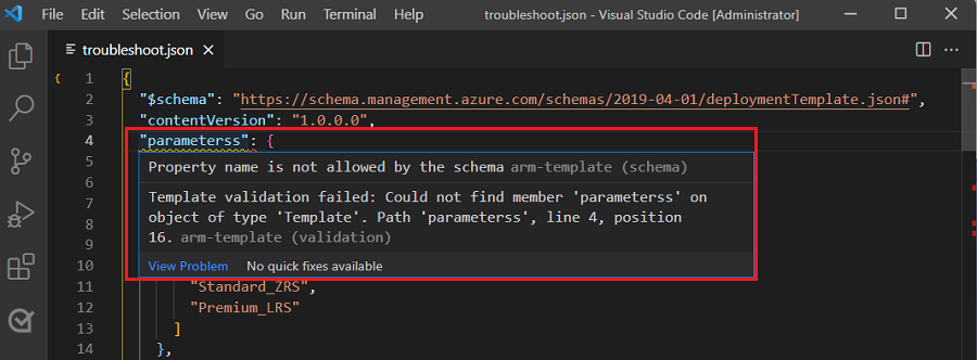 Screenshot of Visual Studio Code highlighting a template validation error with a red wavy line under the misspelled 'parameterss:' in the code.