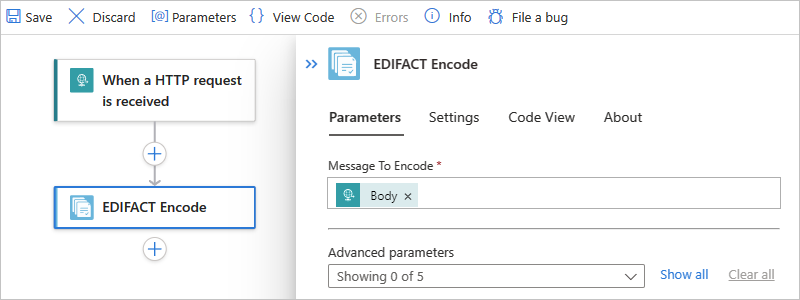 Screenshot shows Standard workflow, action named EDIFACT Encode, and message encoding properties.