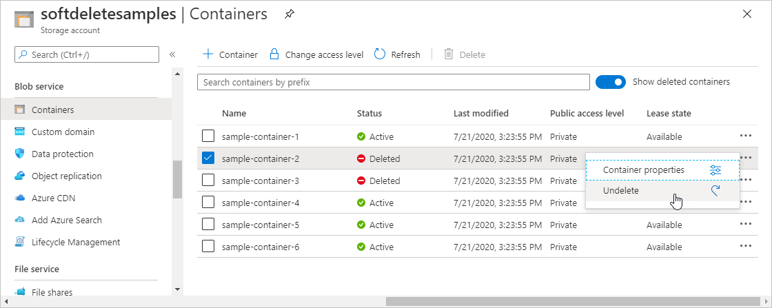 Screenshot showing how to restore a soft-deleted container in Azure portal