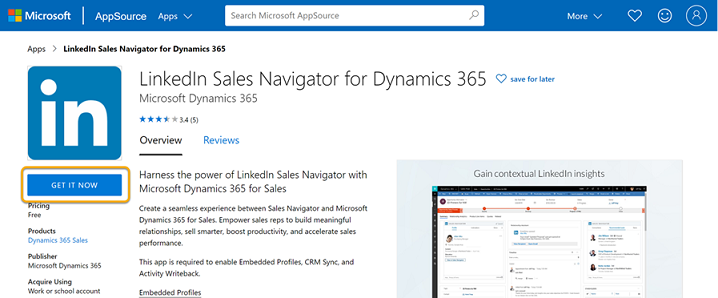 Snímka obrazovky stránky LinkedIn Sales Navigator AppSource .