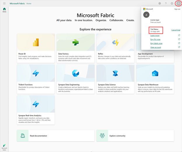 Snímka obrazovky so stavom skúšobnej verzie služby Microsoft Fabric.