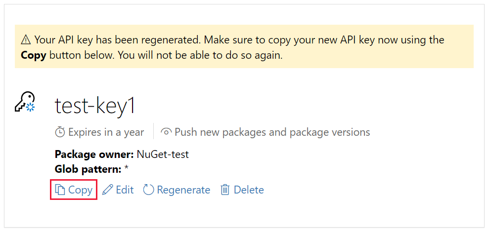 Screenshot that shows the new API key with the Copy link.