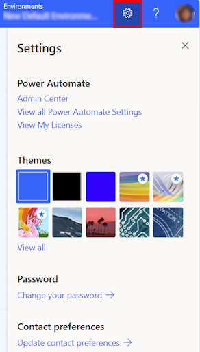 Snímka obrazovky s nastaveniami Power Automate .