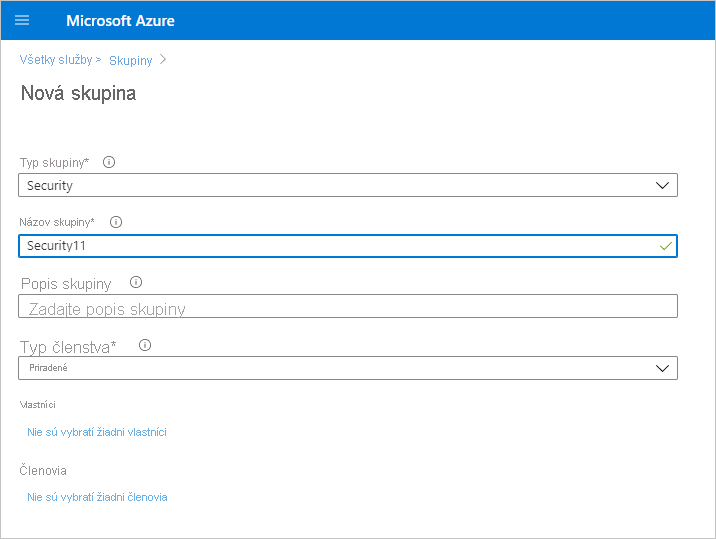Screenshot of new group creation dialog in Azure portal.