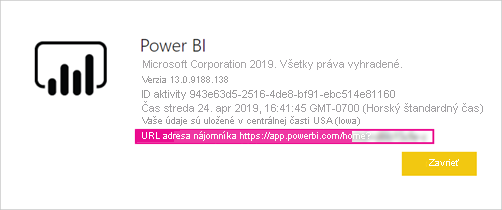 Snímka obrazovky dialógového okna Informácie o Power B I s vyznačenou U R L adresou nájomníka hosťovského používateľa.