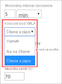 Snímka obrazovky zobrazujúca nastavenia koncového bodu XMLA. Je vybratá možnosť Zapisovať na čítanie.