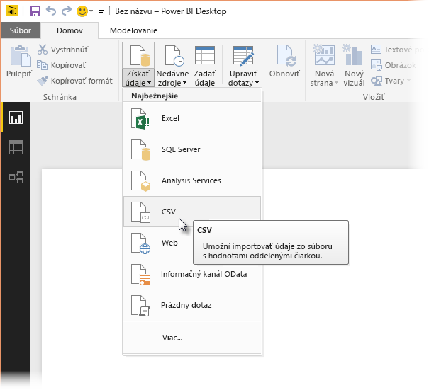 Screenshot of the Get Data ribbon in Power BI Desktop, showing the CSV selection.