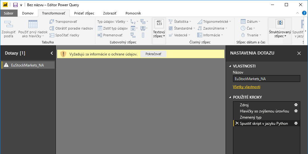 Screenshot of the Power Query Editor pane, showing the warning about data privacy.