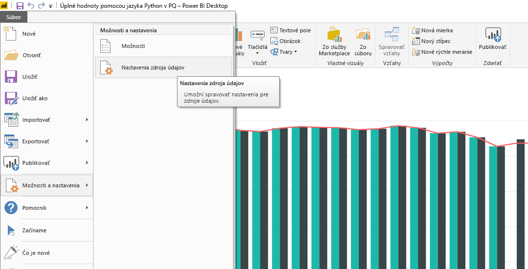Screenshot of the File menu in Power BI Desktop, showing the Data source settings selection.