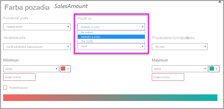 Conditional formatting dialog: Apply to dropdown is set to Values and totals.