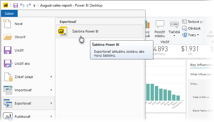Screenshot of Power BI Desktop, showing Export options.
