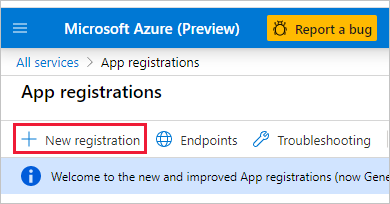Snímka obrazovky registračnej stránky aplikácie na portáli Azure. Je zvýraznená nová registrácia.