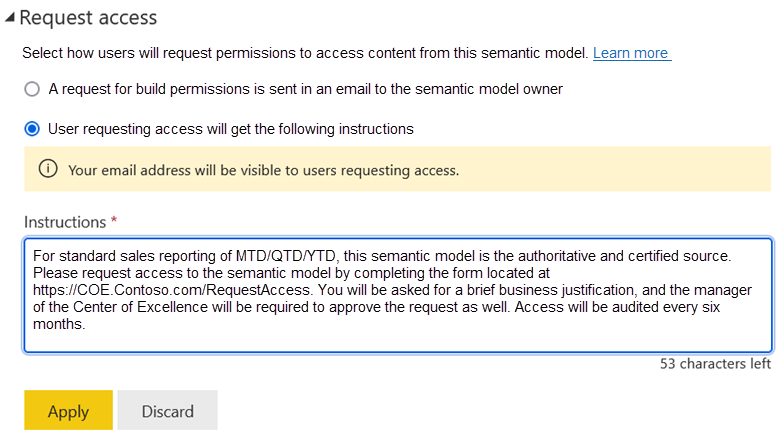 Snímka obrazovky znázorňujúca nastavenie žiadosti o prístup pre sémantický model v služba Power BI.