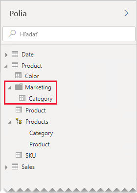 The Fields pane shows the Category field within a display folder named Marketing.