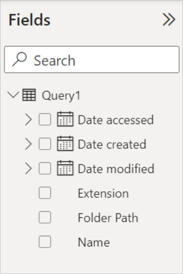 Screenshot of the Fields panel, showing Query1, which contains Date accessed, Date created, Date modified, Extension, Folder Path, and Name fields.