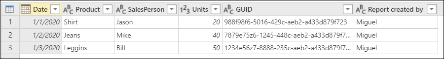 Ukážková tabuľka obsahujúca tri riadky údajov so stĺpcami pre dátum, produkt, predajcu, zjednotenie, identifikátor GUID a zostavu, ktorú vytvoril.
