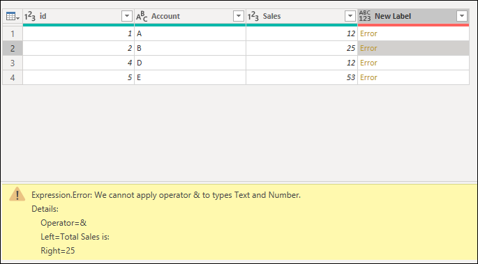Chyba výrazu na chybovej table spôsobená pokusom o použitie operátora And na text a číslo zo stĺpca Sales.