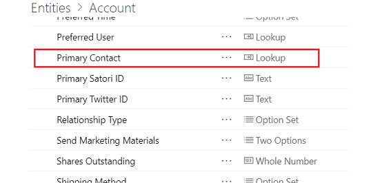 Neúplný zoznam polí z tabuľky Obchodný vzťah v službe Dataverse for Apps so zvýraznenou položkou „Primárny kontakt“, ktorá je vyhľadávacím poľom