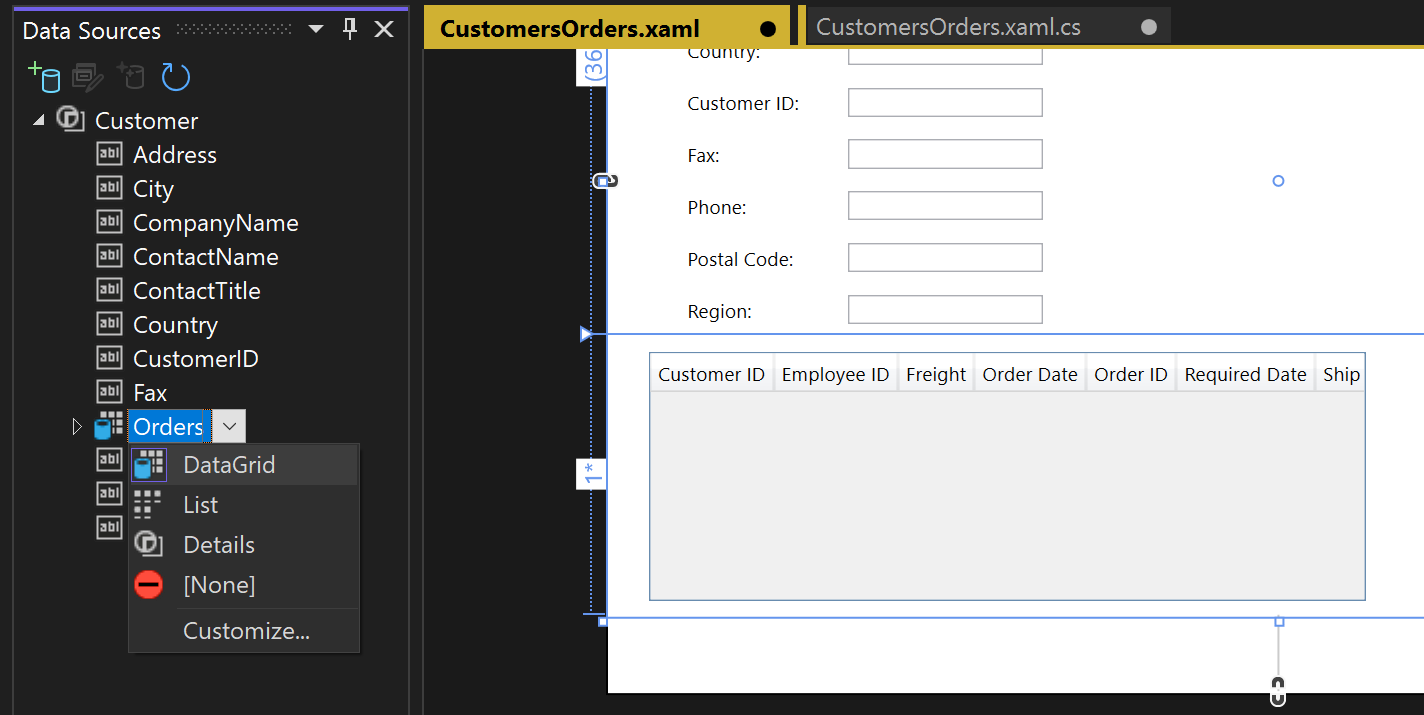 Screenshot showing Orders classes dragged and dropped as a grid.