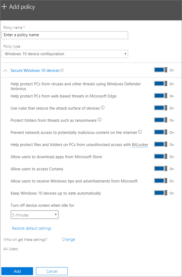 Add policy pane with Windows 10 Device configuration selected.