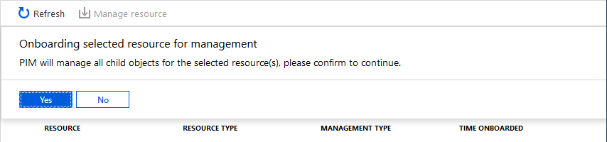 Message confirming to onboard the selected resources for management