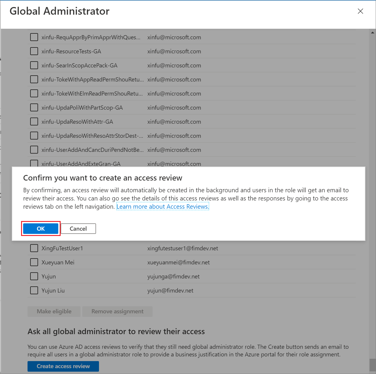 Screenshot showing the Global administrators page showing the access reviews section.