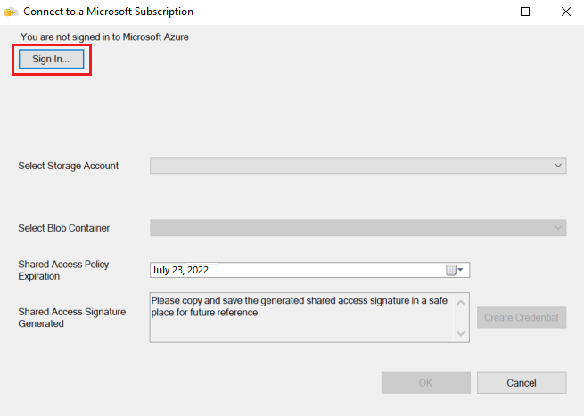 Screenshot of the Connect to a Microsoft Subscription dialog. The Sign In button is called out.