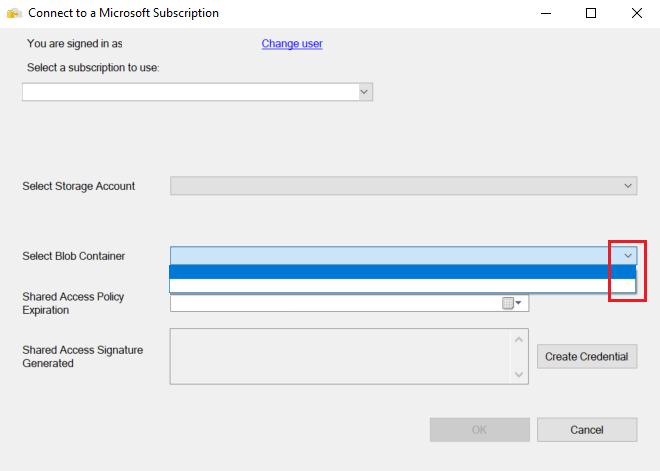 Screenshot of the Connect to a Microsoft Subscription dialog. The down arrow on the Select Blob Container list box is called out.