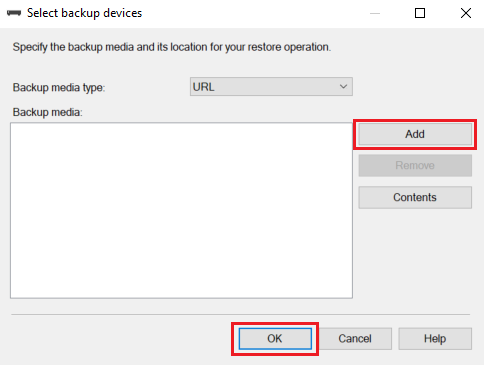Screenshot of the Select backup devices dialog. The Add and OK buttons are called out.