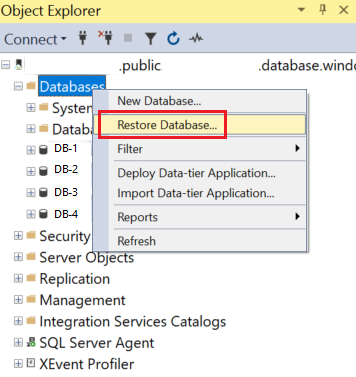 Screenshot of Object Explorer in SSMS. The Databases folder is selected. In its shortcut menu, Restore Database is selected.