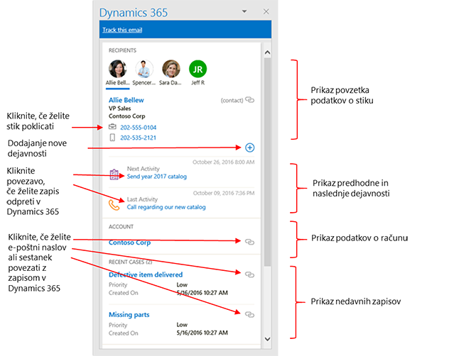 Podokno aplikacije Dynamics 365 App for Outlook