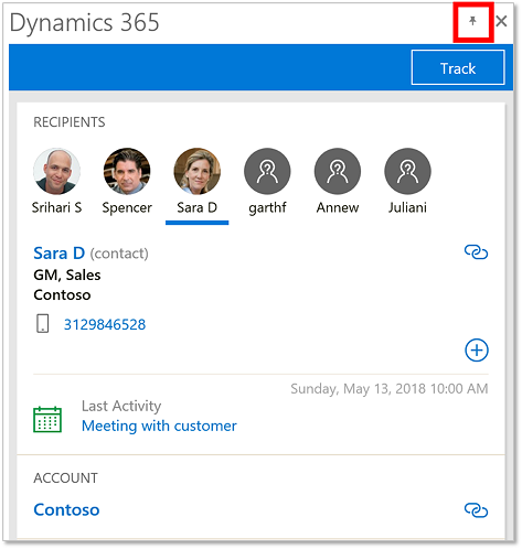 Podokno opravil, ki ga je mogoče pripeti, v aplikaciji Dynamics 365 App for Outlook