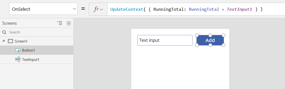 Lastnost »OnSelect« gumba »Dodaj« s funkcijo »updatecontext«.