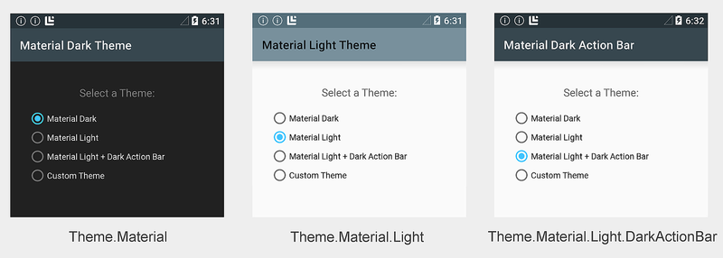 Example screenshots of the Dark theme, Light theme, and Dark Action Bar theme