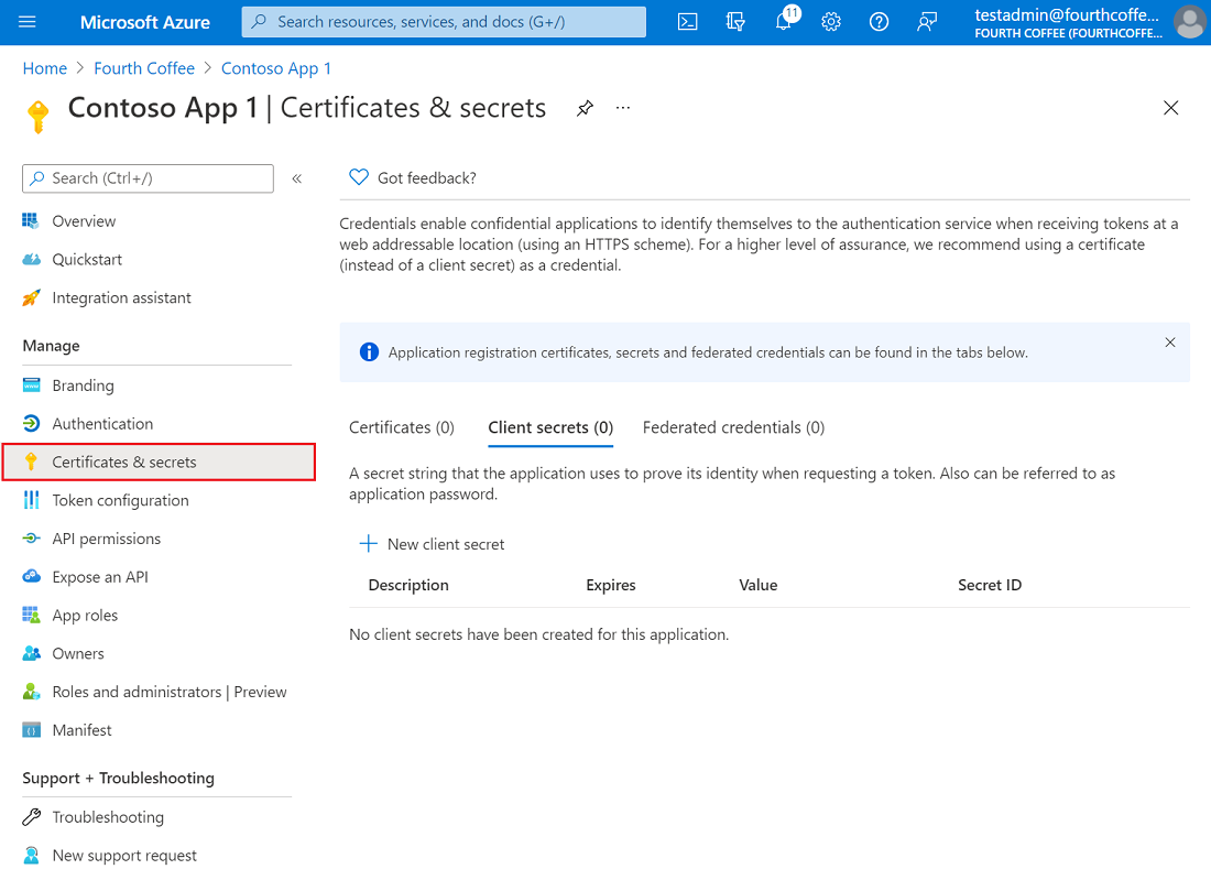 Screenshot of the Azure portal, showing the Certificates and secrets pane in an app registration.