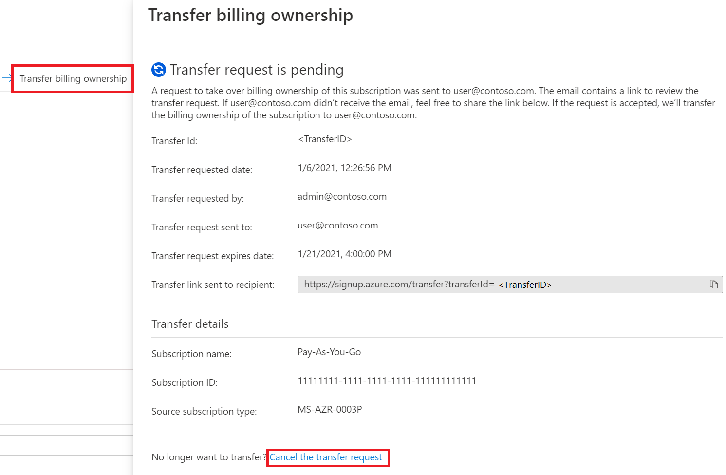 Example showing the Transfer billing ownership window with the Cancel the transfer request option